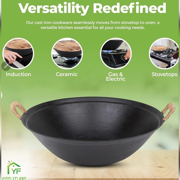 Brand New 14.2" Cast Iron Wok w/ Wood Lid | Pre-Seasoned | Flat Bottom | YFFutur - Picture 8 of 8